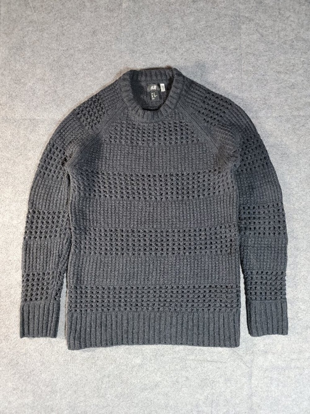 H&M Men's Black Open Knit Wool Blend Crewneck Sweater XS